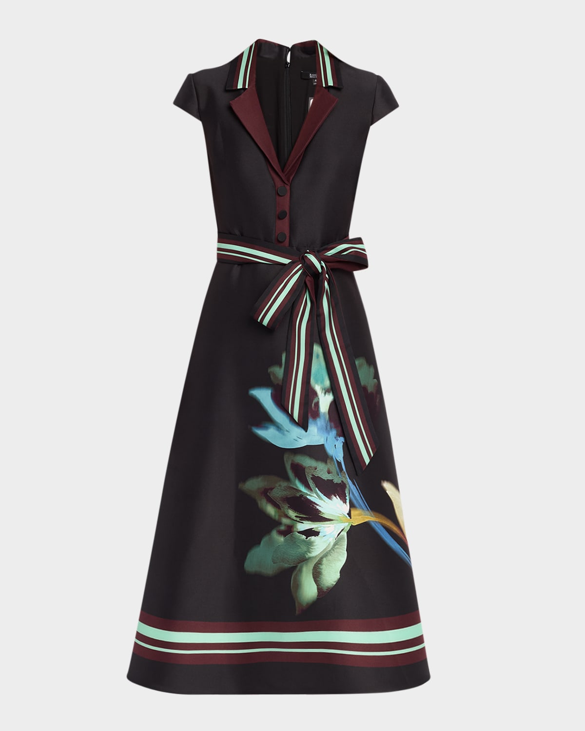 Badgley Mischka Belted Floral Mikado Midi Dress