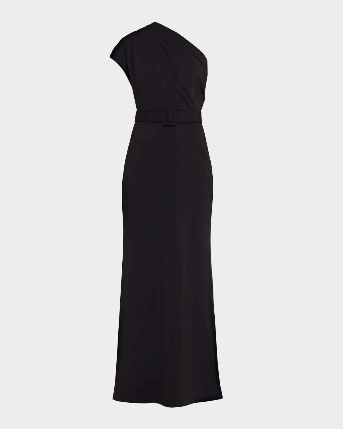 Badgley Mischka Belted One-Shoulder Column Gown