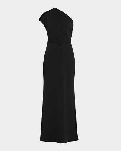 Badgley Mischka Belted One-Shoulder Column Gown