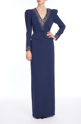 Badgley Mischka Collection Badgley Mischka Collection Beaded V-Neck Long Sleeve Gown