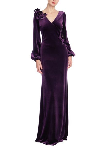 Badgley Mischka Collection Badgley Mischka Collection Floral Appliquéd Stretch Velvet Gown