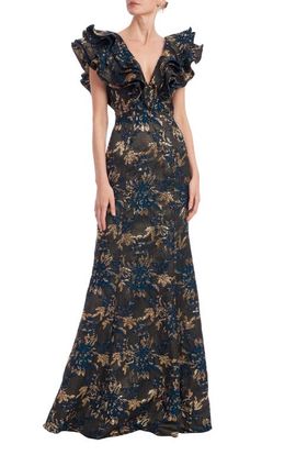 Badgley Mischka Collection Badgley Mischka Collection Floral Jacquard Ruffle Gown