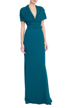 Badgley Mischka Collection Badgley Mischka Collection Pleated Shoulder Overlay Gown