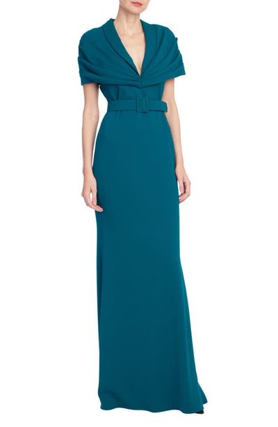 Badgley Mischka Collection Badgley Mischka Collection Pleated Shoulder Overlay Gown