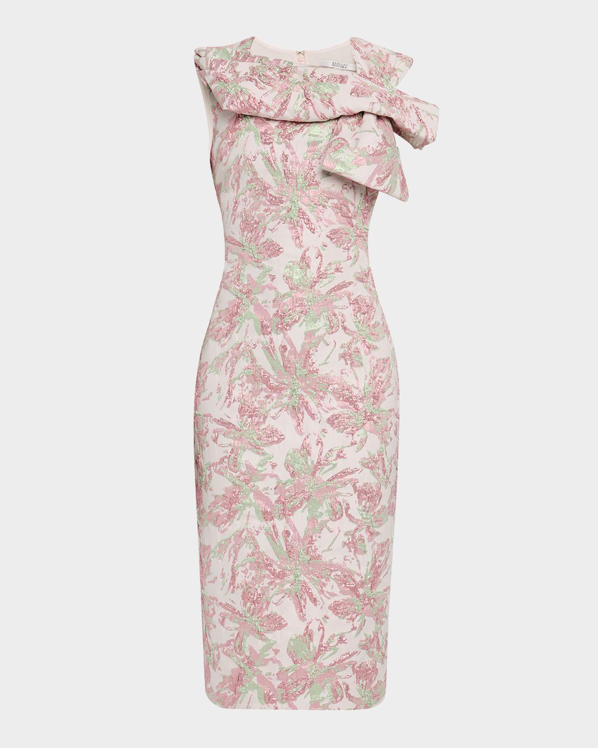 Badgley Mischka Collection Bow-Front Metallic Jacquard Midi Sheath Dress