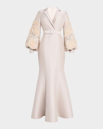 Badgley Mischka Collection Embellished-Sleeve Mermaid Shirt Gown