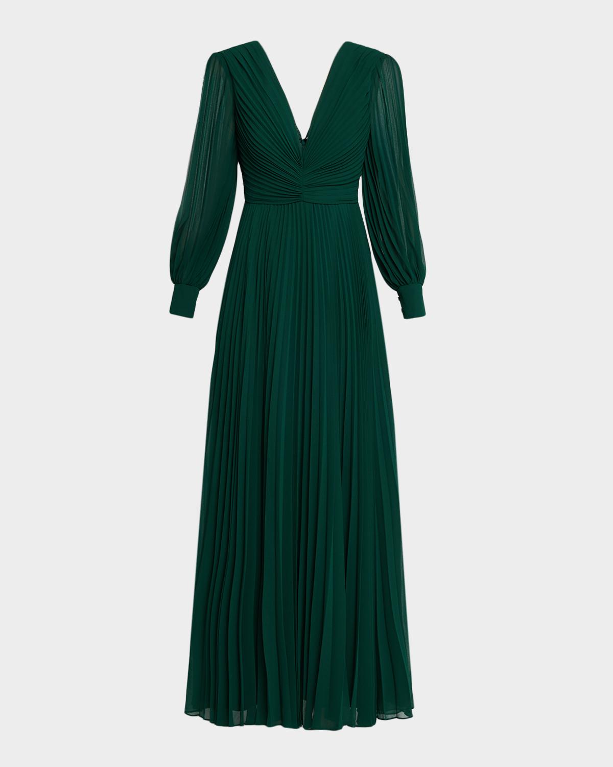 Badgley Mischka Collection Pleated Blouson-Sleeve Deep V-Neck Gown