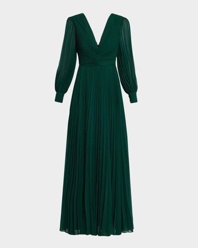 Badgley Mischka Collection Pleated Blouson-Sleeve Deep V-Neck Gown