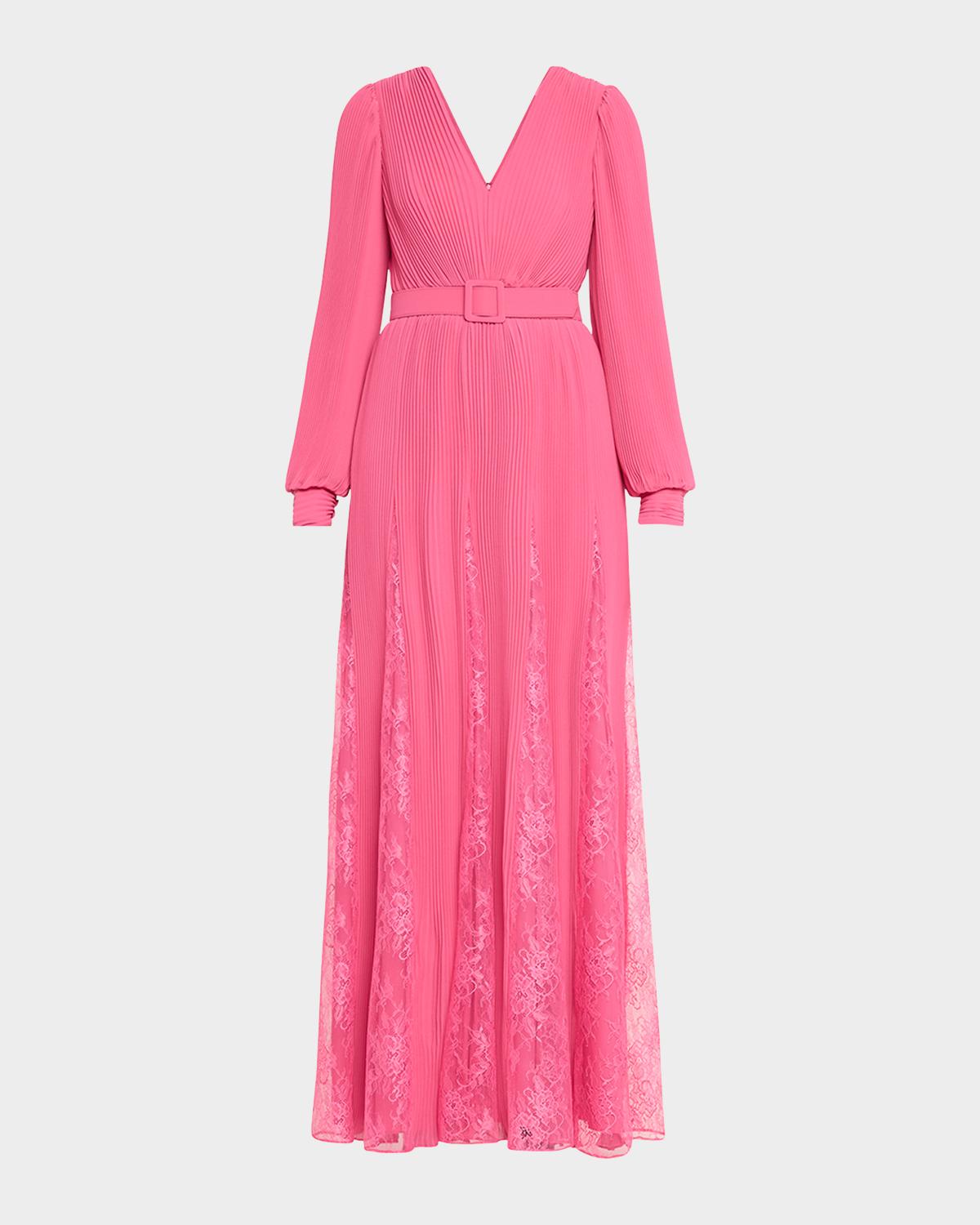 Badgley Mischka Collection Pleated Lace-Inset Godet Gown