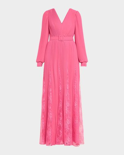 Badgley Mischka Collection Pleated Lace-Inset Godet Gown