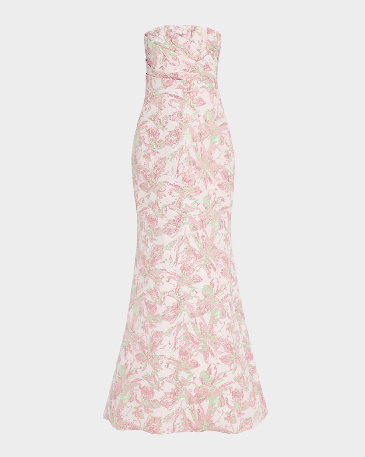 Badgley Mischka Collection Strapless Pleated Metallic Jacquard Gown