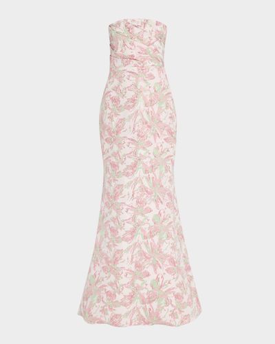 Badgley Mischka Collection Strapless Pleated Metallic Jacquard Gown