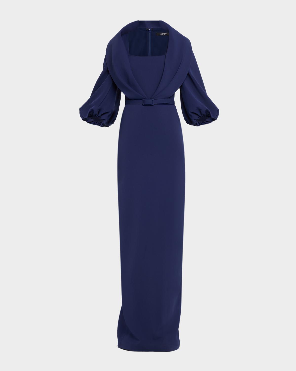 Badgley Mischka Draped Shawl-Collar Column Gown