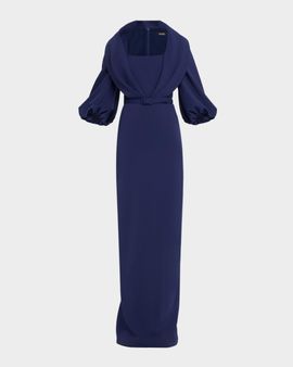 Badgley Mischka Draped Shawl-Collar Column Gown
