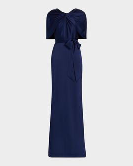 Badgley Mischka Hammered Satin Cape Sleeve Gown