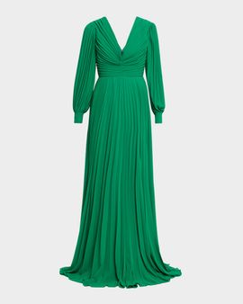 Badgley Mischka Pleated Blouson-Sleeve Georgette Gown