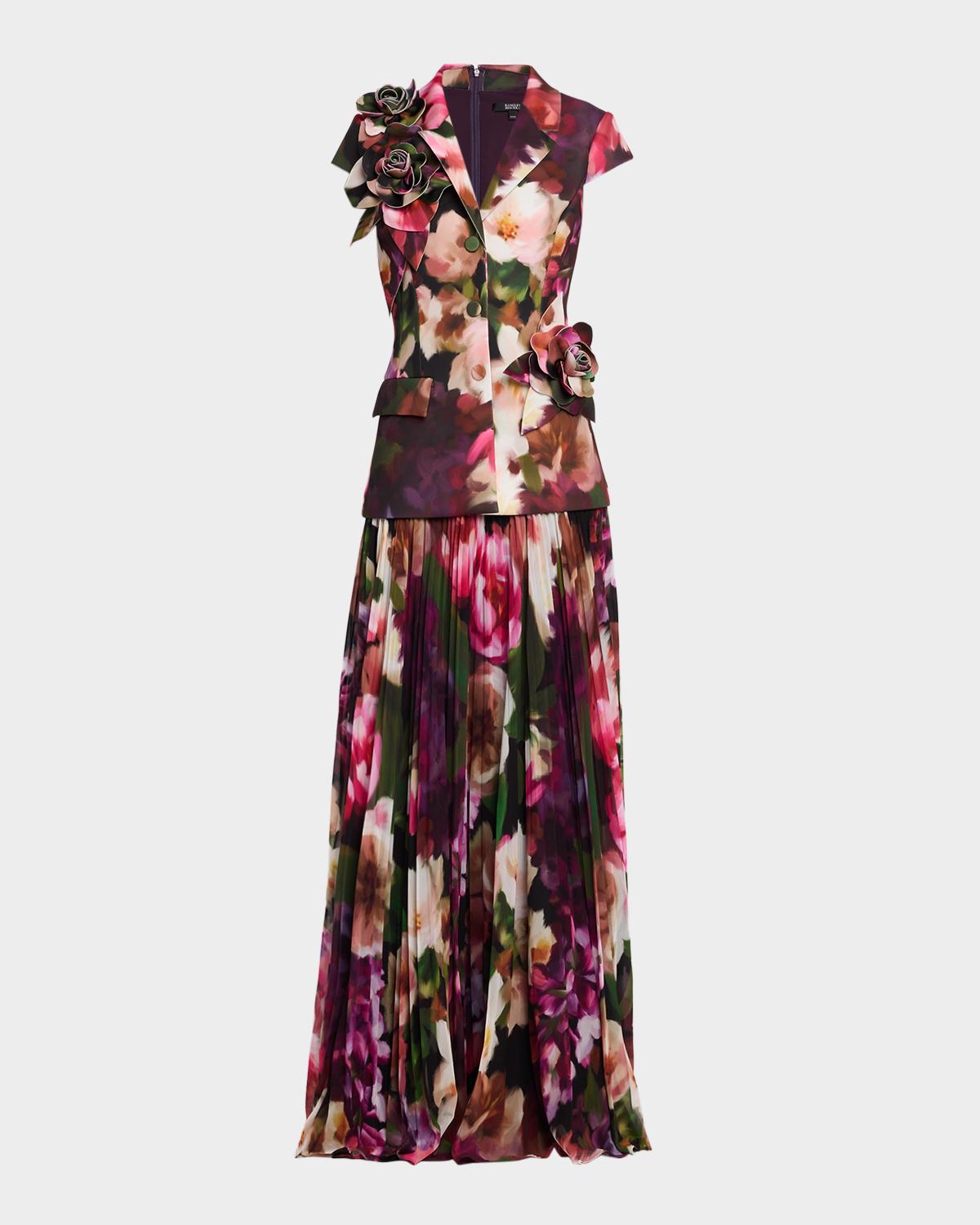 Badgley Mischka Pleated Floral Cap-Sleeve Gown