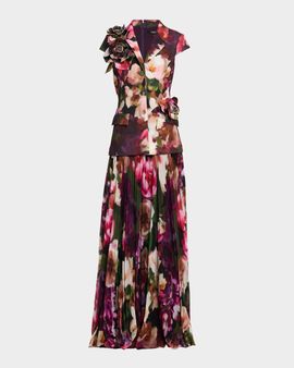 Badgley Mischka Pleated Floral Cap-Sleeve Gown