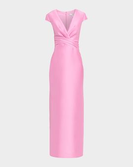 Badgley Mischka Plunging Cap-Sleeve Mikado Column Gown