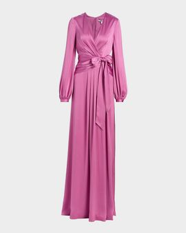 Badgley Mischka Satin Faux-Wrap Long Sleeve Gown