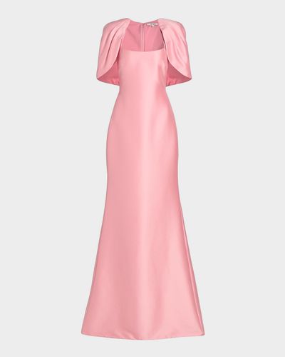 Badgley Mischka Square-Neck Mikado Capelet Trumpet Gown