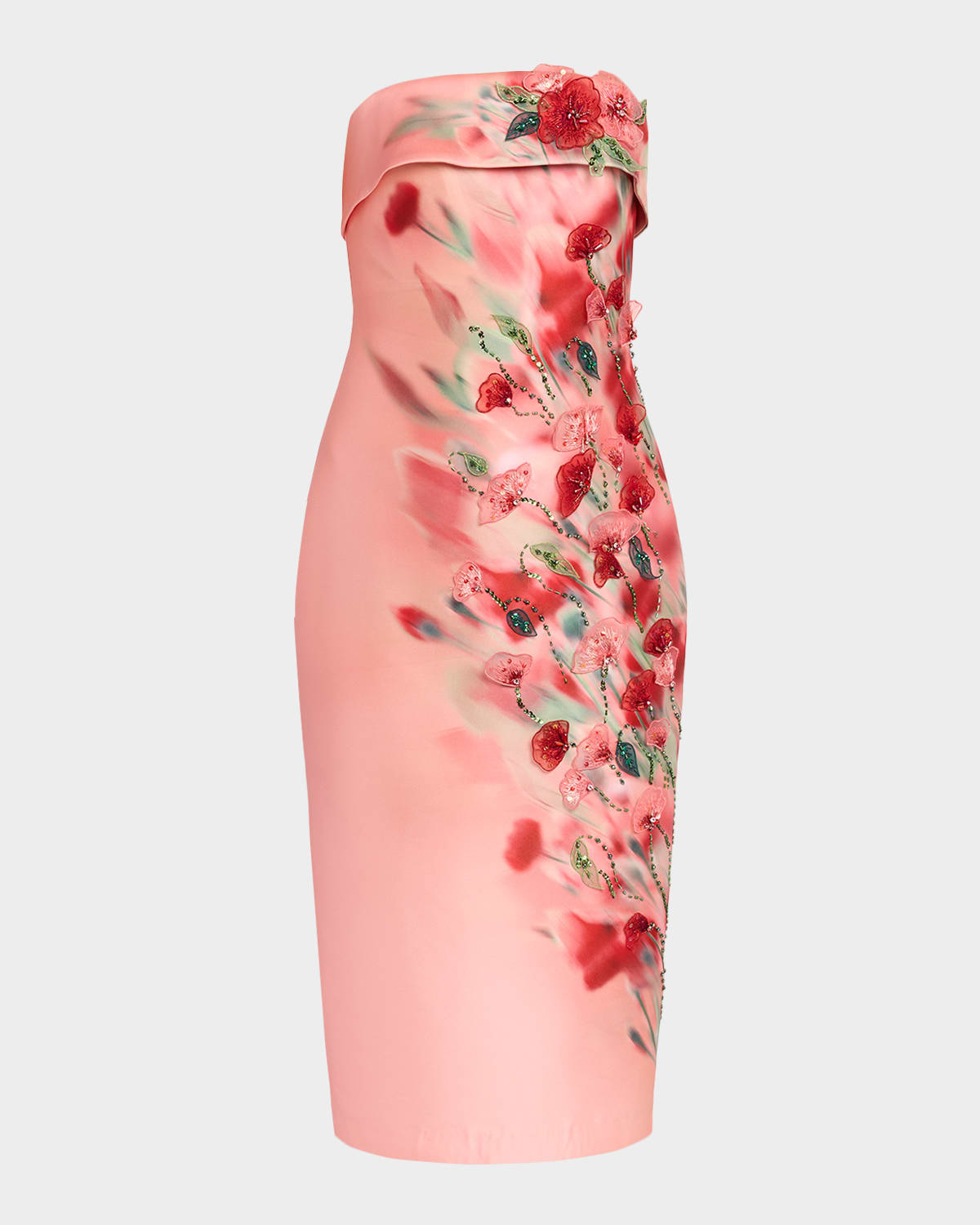 Badgley Mischka Strapless Floral-Print Mikado Midi Dress