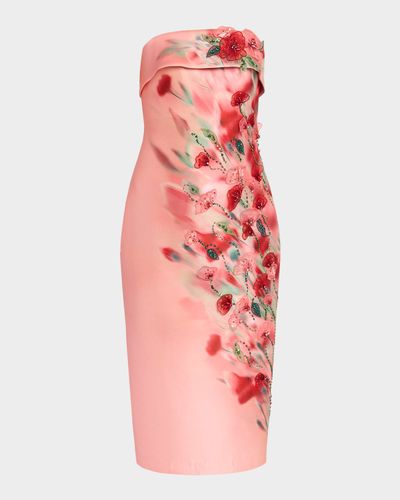 Badgley Mischka Strapless Floral-Print Mikado Midi Dress