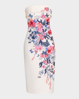Badgley Mischka Strapless Floral Placement Midi Sheath Dress