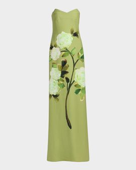 Badgley Mischka Strapless Floral Print Column Gown