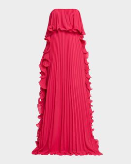 Badgley Mischka Strapless Ruffle-Trim Pleated Chiffon Gown