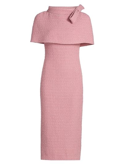 pink boucle midi dress Puff Sleeve Boucle Midi Dress With Beaded Belt