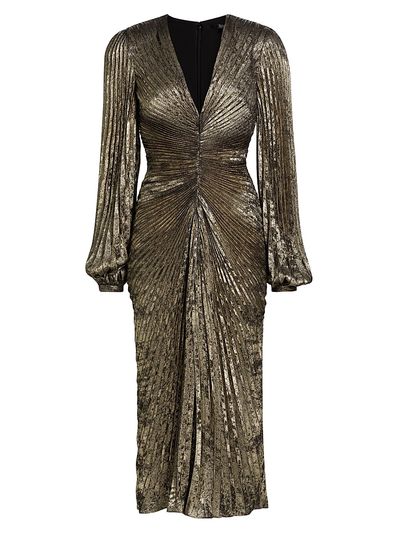 badgley mischka gold pleated midi dress unconventional