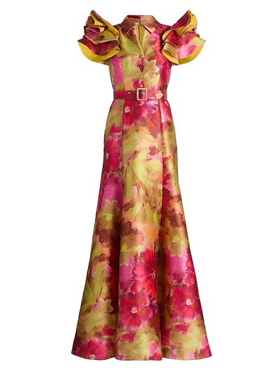 Badgley Mischka Women's Vibrant Floral Flutter-Sleeve Gown