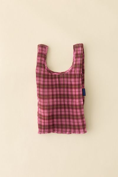 BAGGU BAGGU Pleated Baggu Reusable Tote Bag in Azalea Pink Tartan at Urban Outfitters