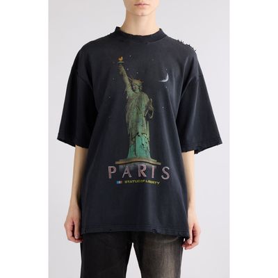 Balenciaga Balenciaga Paris Liberty Medium Fit Distressed Cotton Graphic T-Shirt