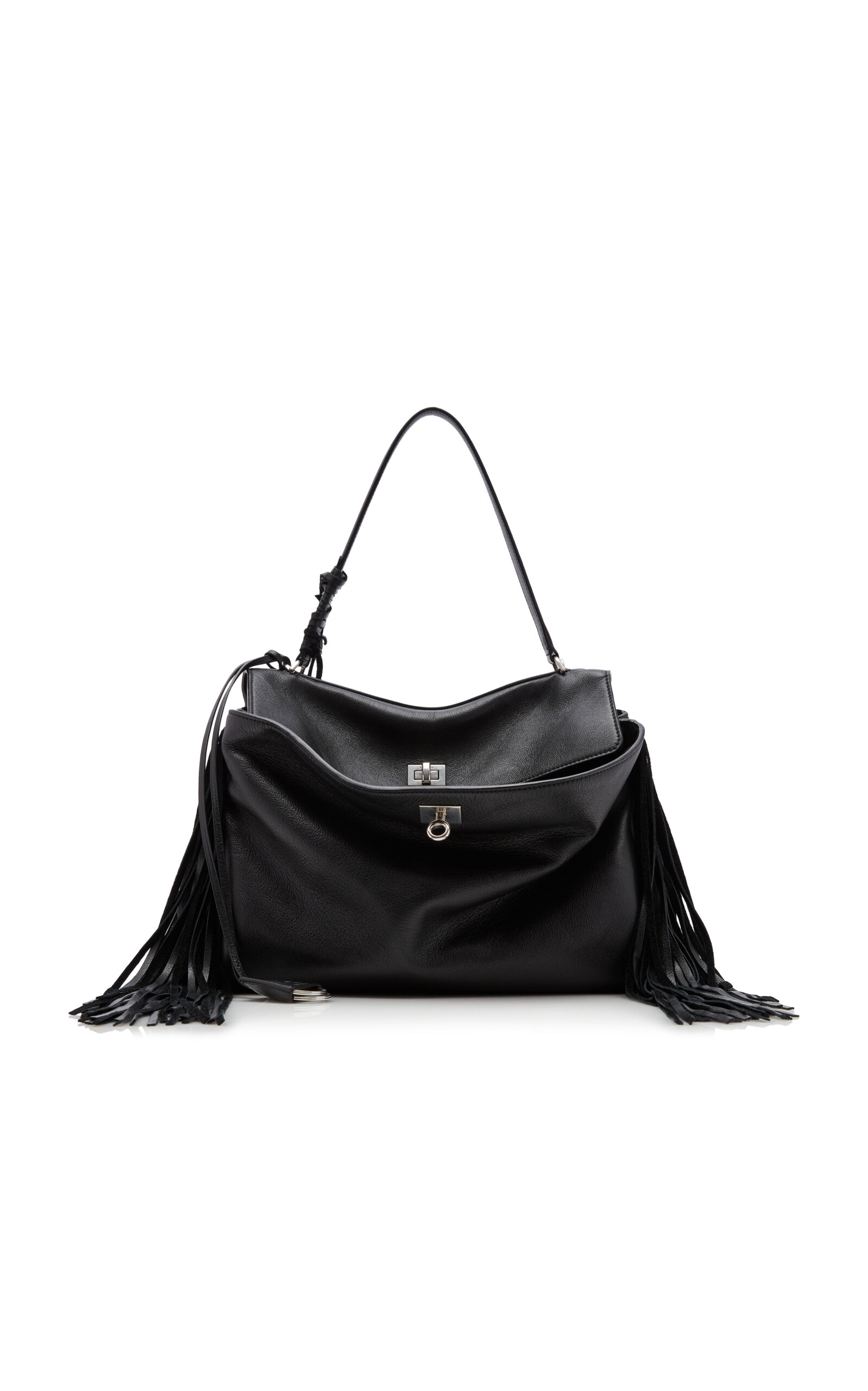 Balenciaga - Rodeo Medium Fringed Leather Top Handle Bag Black OS