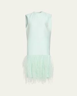 Balenciaga Frosted Organza Feather-Trim Midi Dress