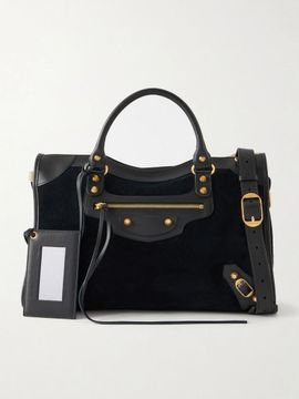 BALENCIAGA Le City studded leather-trimmed suede shoulder bag