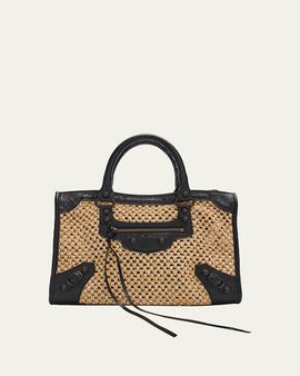 Balenciaga Le City Woven Leather-Trim Top-Handle Bag