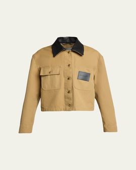 Balenciaga Leather-Collar Cropped Canvas Workwear Jacket