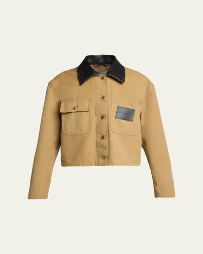 Balenciaga Leather-Collar Cropped Canvas Workwear Jacket