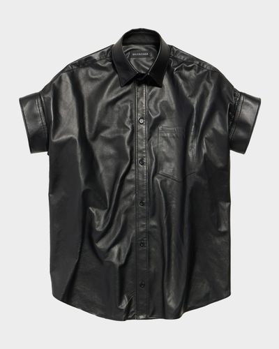 Balenciaga Leather Short-Sleeve Mini Shirtdress
