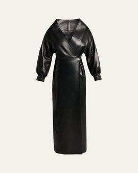 Balenciaga Sculpted Leather Long-Sleeve Maxi Wrap Dress