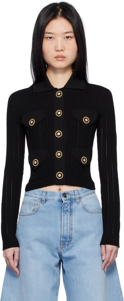 BALMAIN BALMAIN Black Cropped Ribbed Knit Cardigan