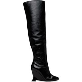 BALMAIN BALMAIN Black Thigh-High Crinkled Patent Leather Wedge Boots