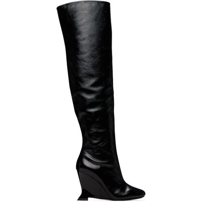 BALMAIN BALMAIN Black Thigh-High Crinkled Patent Leather Wedge Boots