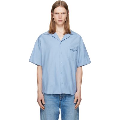 BALMAIN BALMAIN Blue Herringbone Poplin Short Sleeve Shirt