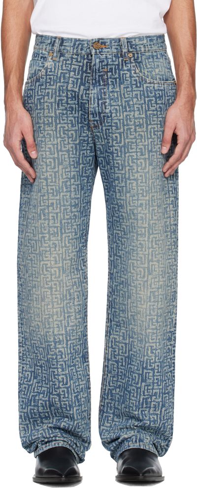 BALMAIN BALMAIN Blue Monogram Laser Loose-Fit Jeans