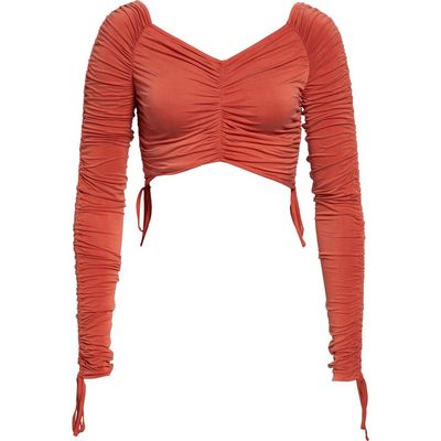 Balmain Balmain Crop Long Sleeve Ruched Jersey Top