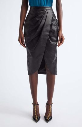 Balmain Balmain Draped High Waist Leather Midi Skirt